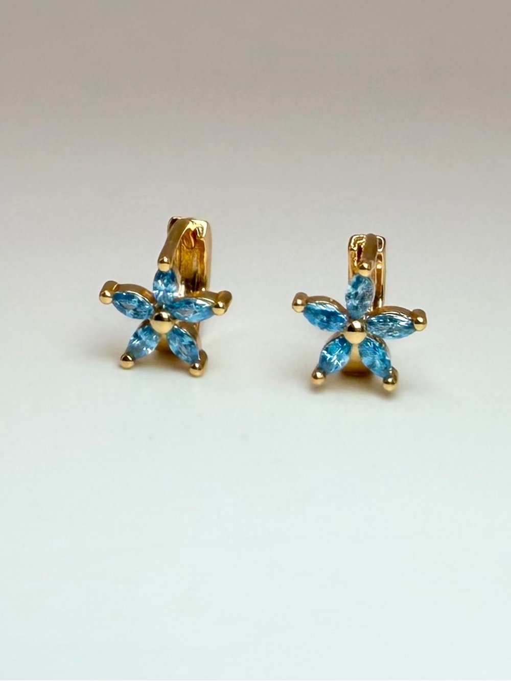 Gold Plated Blue Flower Crystal Huggie Earrings